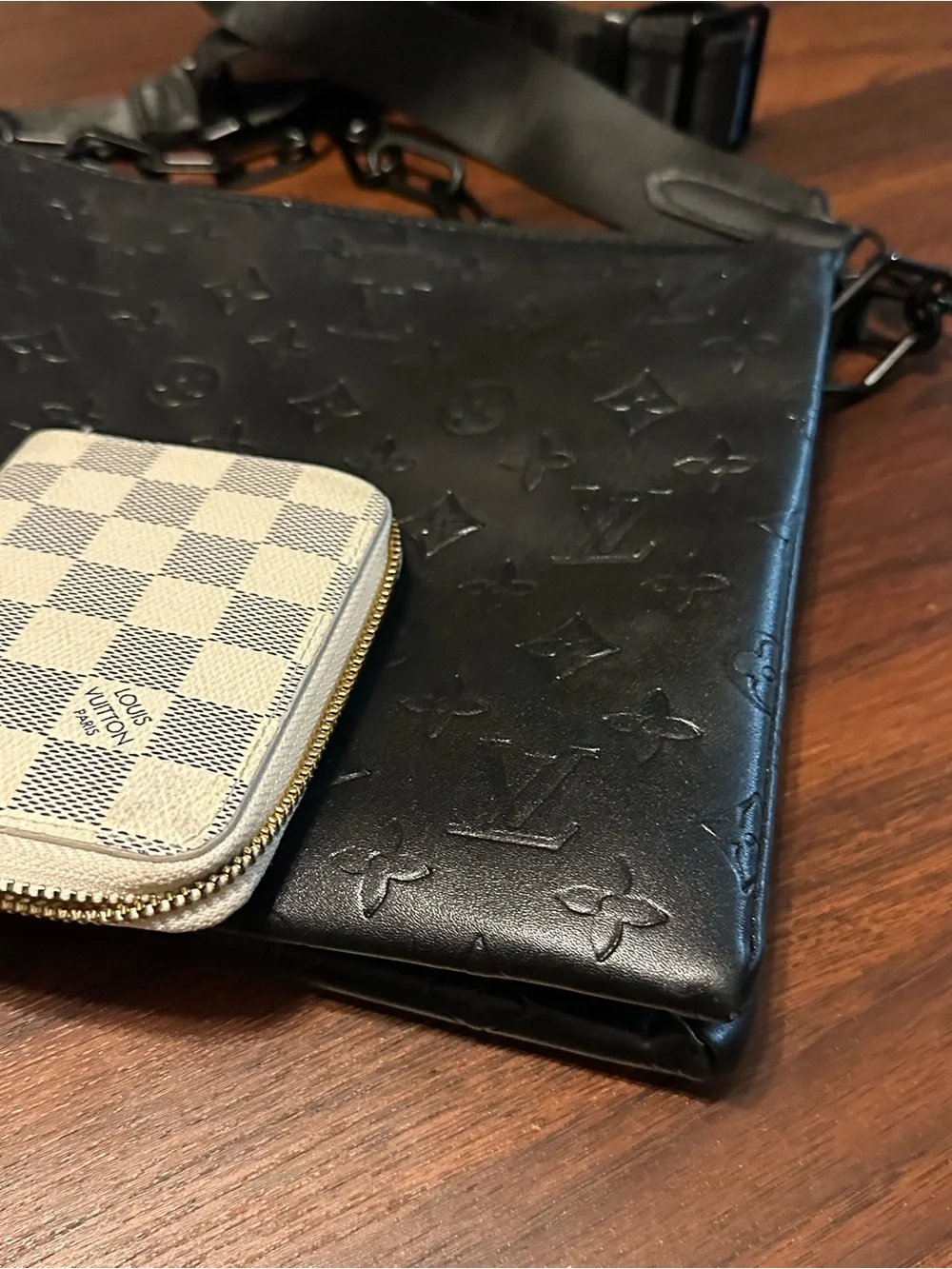 Black Embossed Monogram Messenger Pouch with Strap